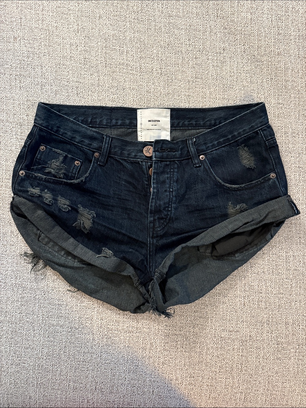 Dark Blue Distressed Denim Roll-Cuff Shorts